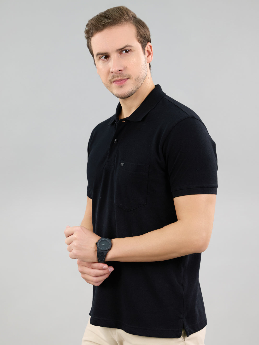 Men Black Solid Polo Collar Half Sleeve T-Shirt