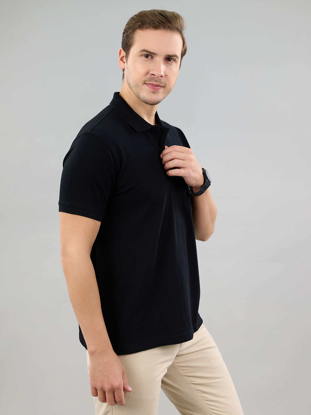 Men Black Solid Polo Collar Half Sleeve T-Shirt