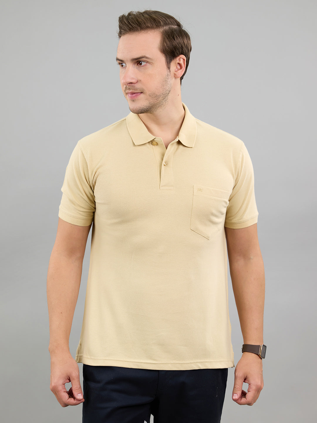 Men Camel Brown Solid Polo Collar Half Sleeve T-Shirt