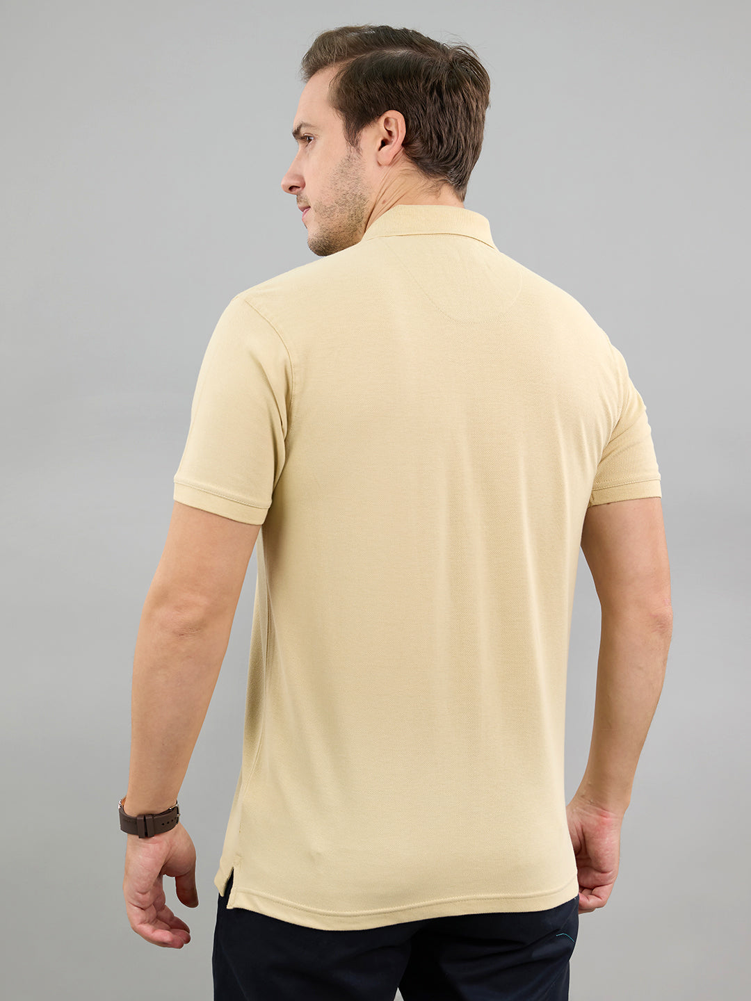 Men Camel Brown Solid Polo Collar Half Sleeve T-Shirt