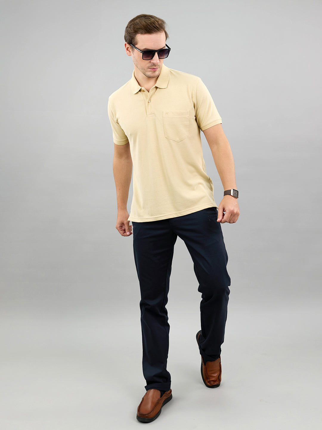 Men Camel Brown Solid Polo Collar Half Sleeve T-Shirt