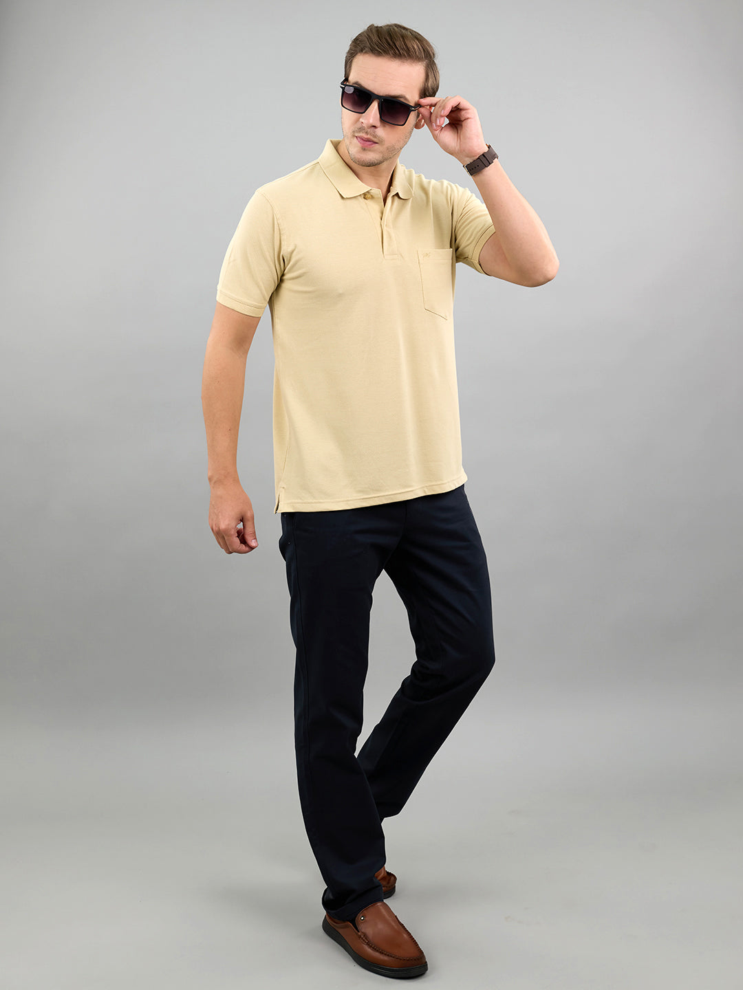 Men Camel Brown Solid Polo Collar Half Sleeve T-Shirt