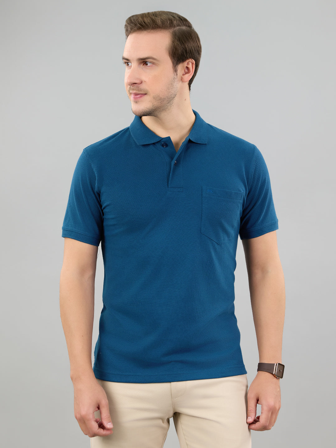 Men Teal Blue Solid Polo Collar Half Sleeve T-Shirt