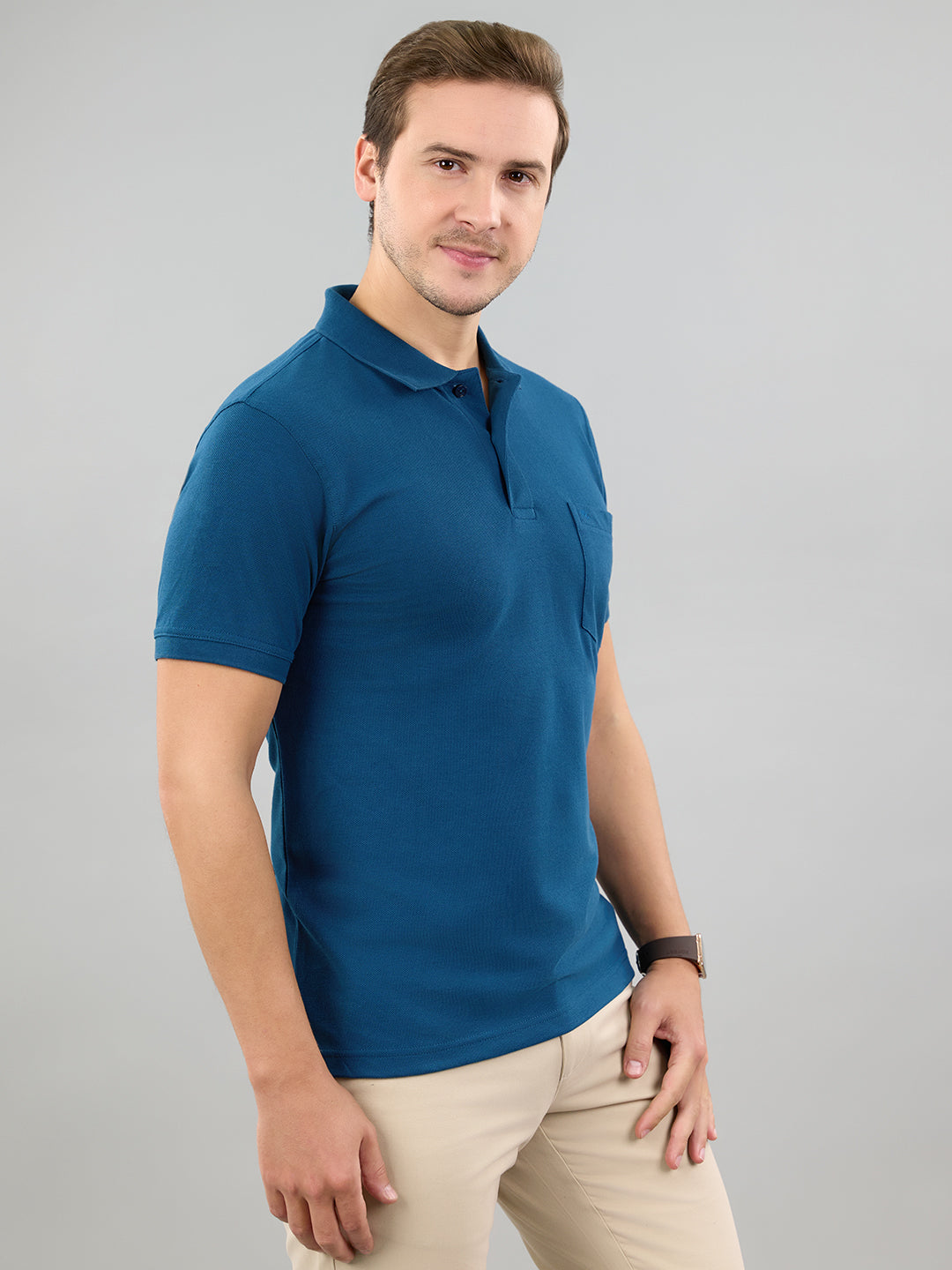 Men Teal Blue Solid Polo Collar Half Sleeve T-Shirt