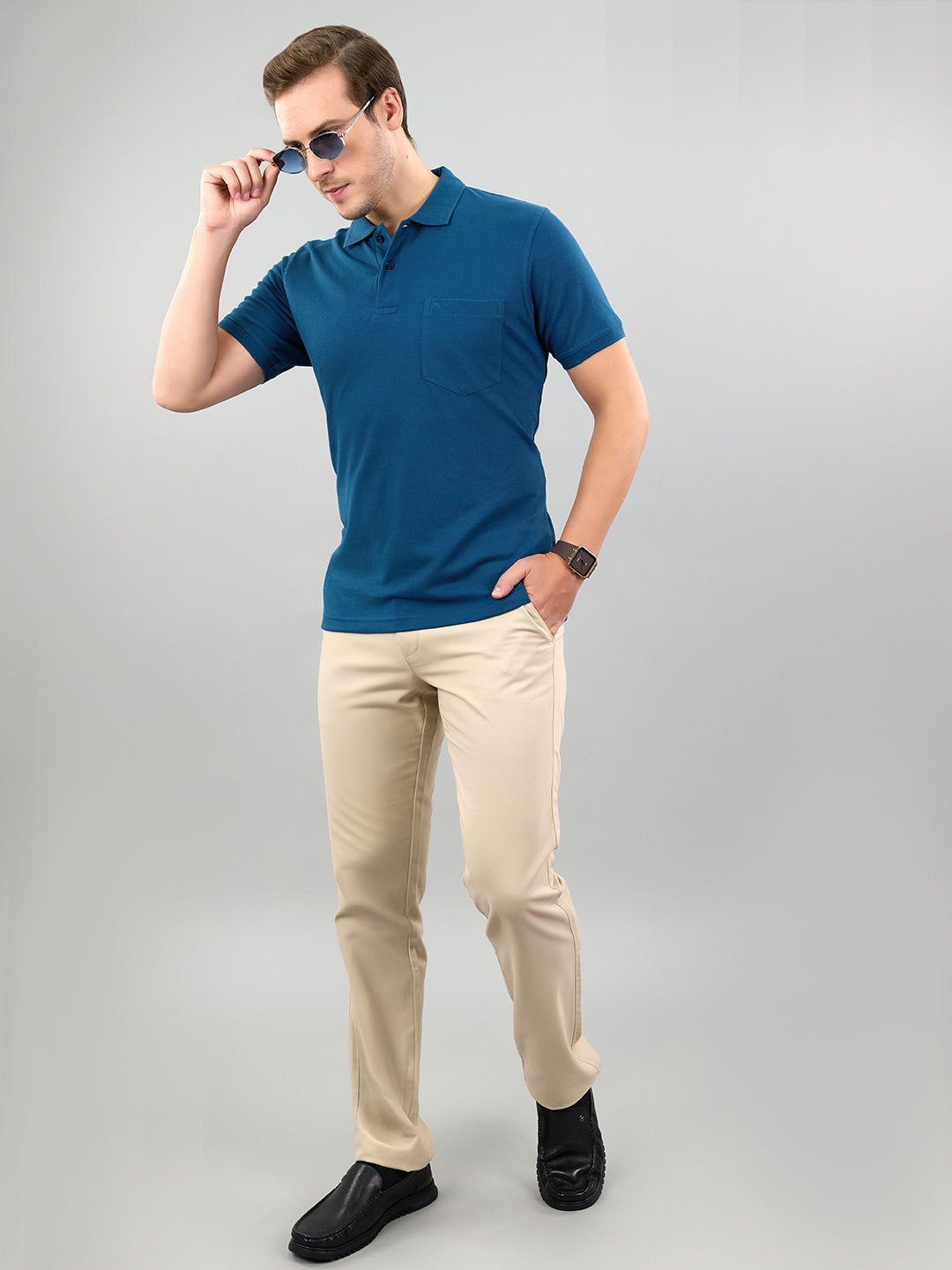 Men Teal Blue Solid Polo Collar Half Sleeve T-Shirt