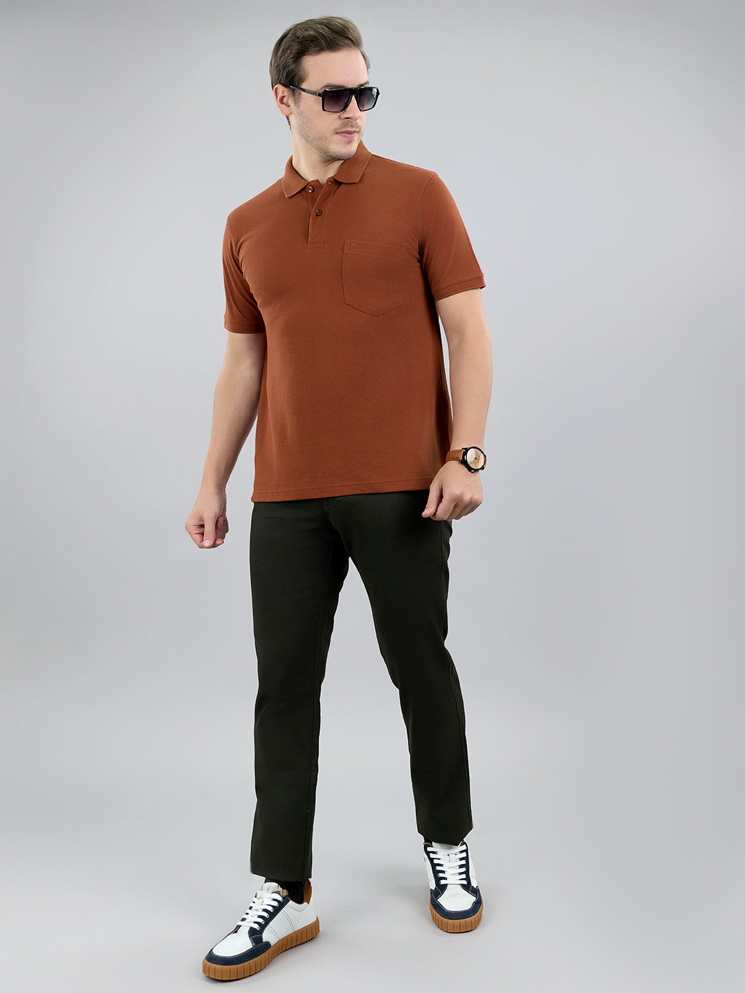 Men Brown Solid Polo Collar Half Sleeve T-Shirt