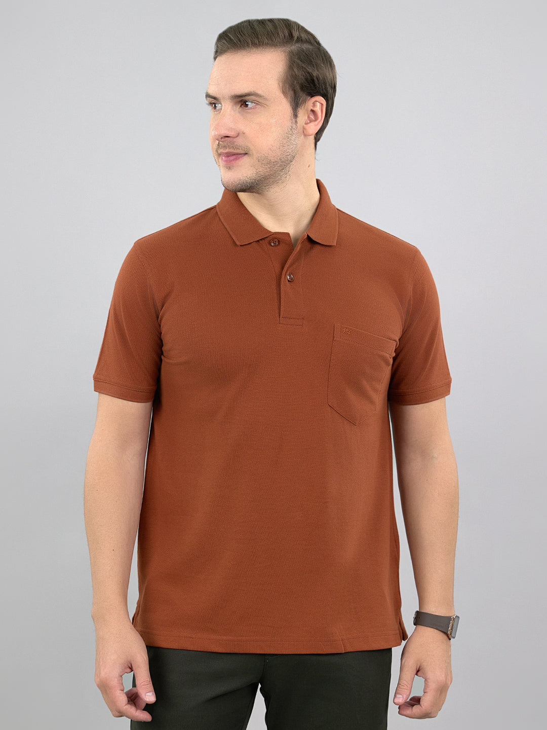 Men Brown Solid Polo Collar Half Sleeve T-Shirt