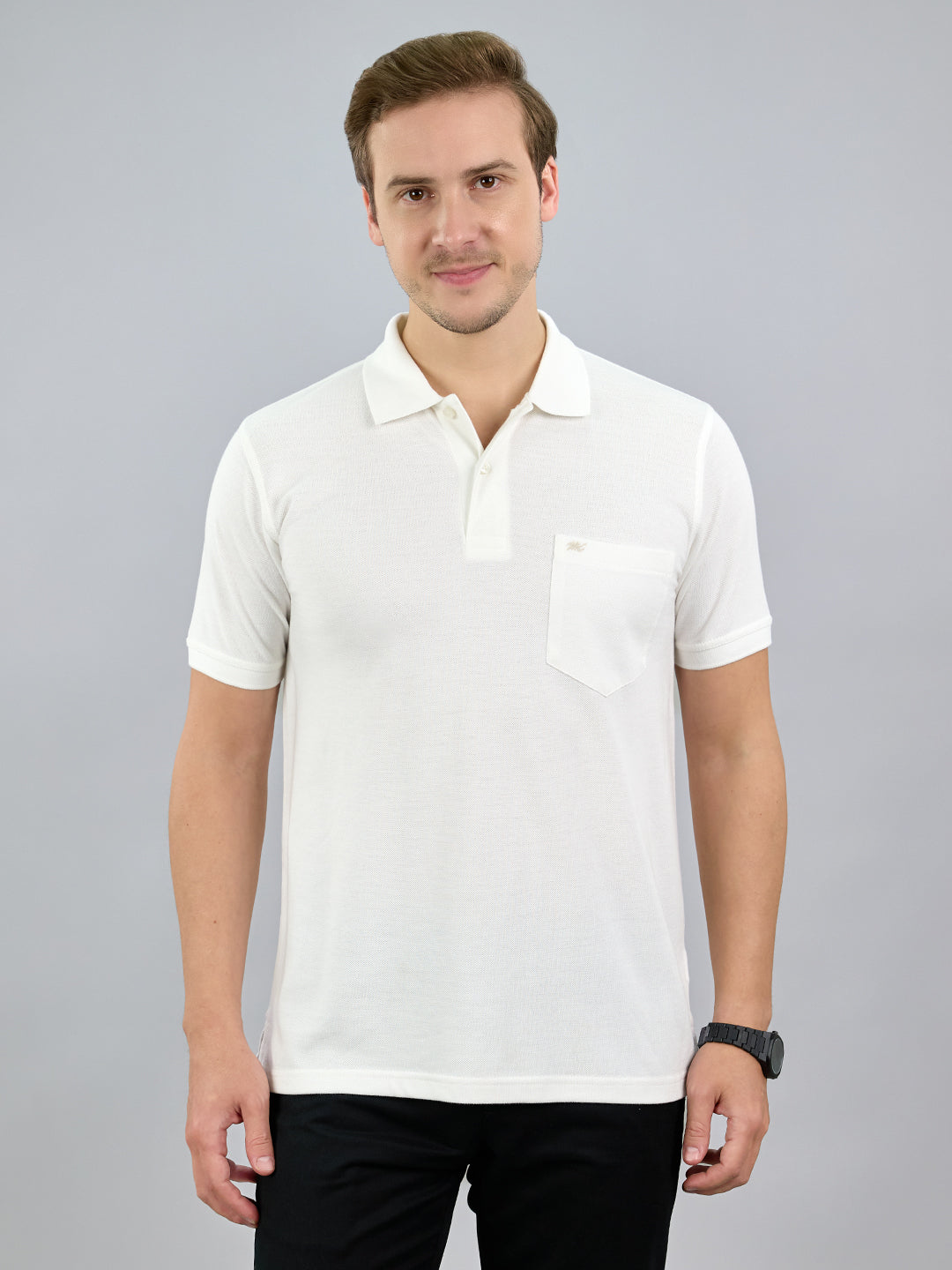 Men White Solid Polo Collar Half Sleeve T-Shirt