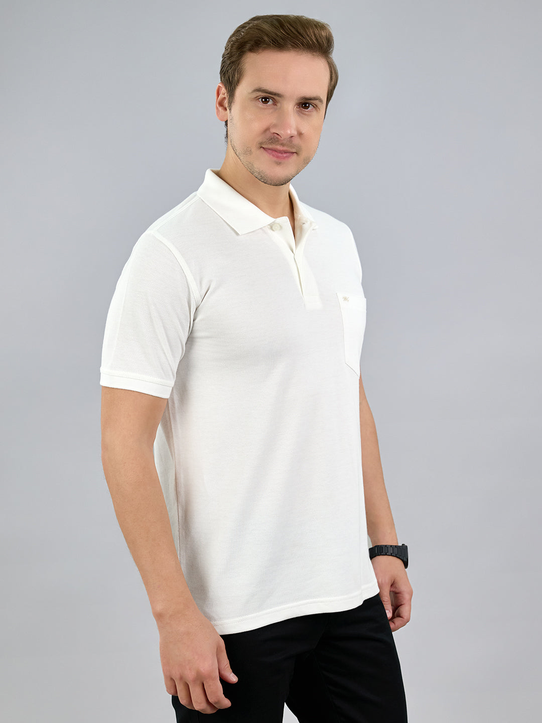 Men White Solid Polo Collar Half Sleeve T-Shirt