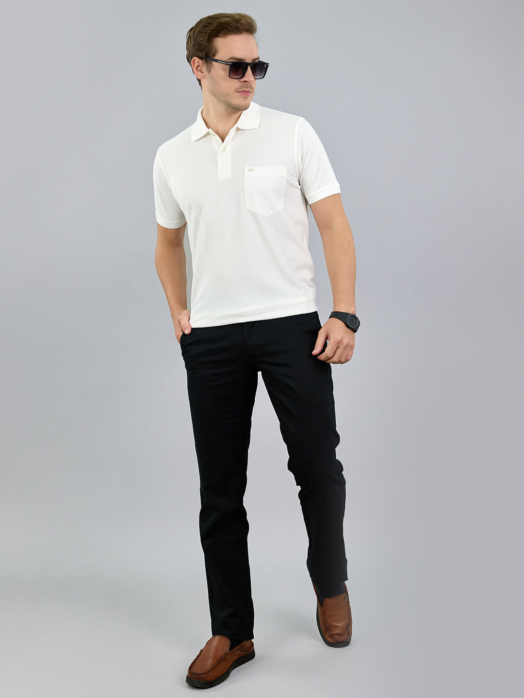 Men White Solid Polo Collar Half Sleeve T-Shirt