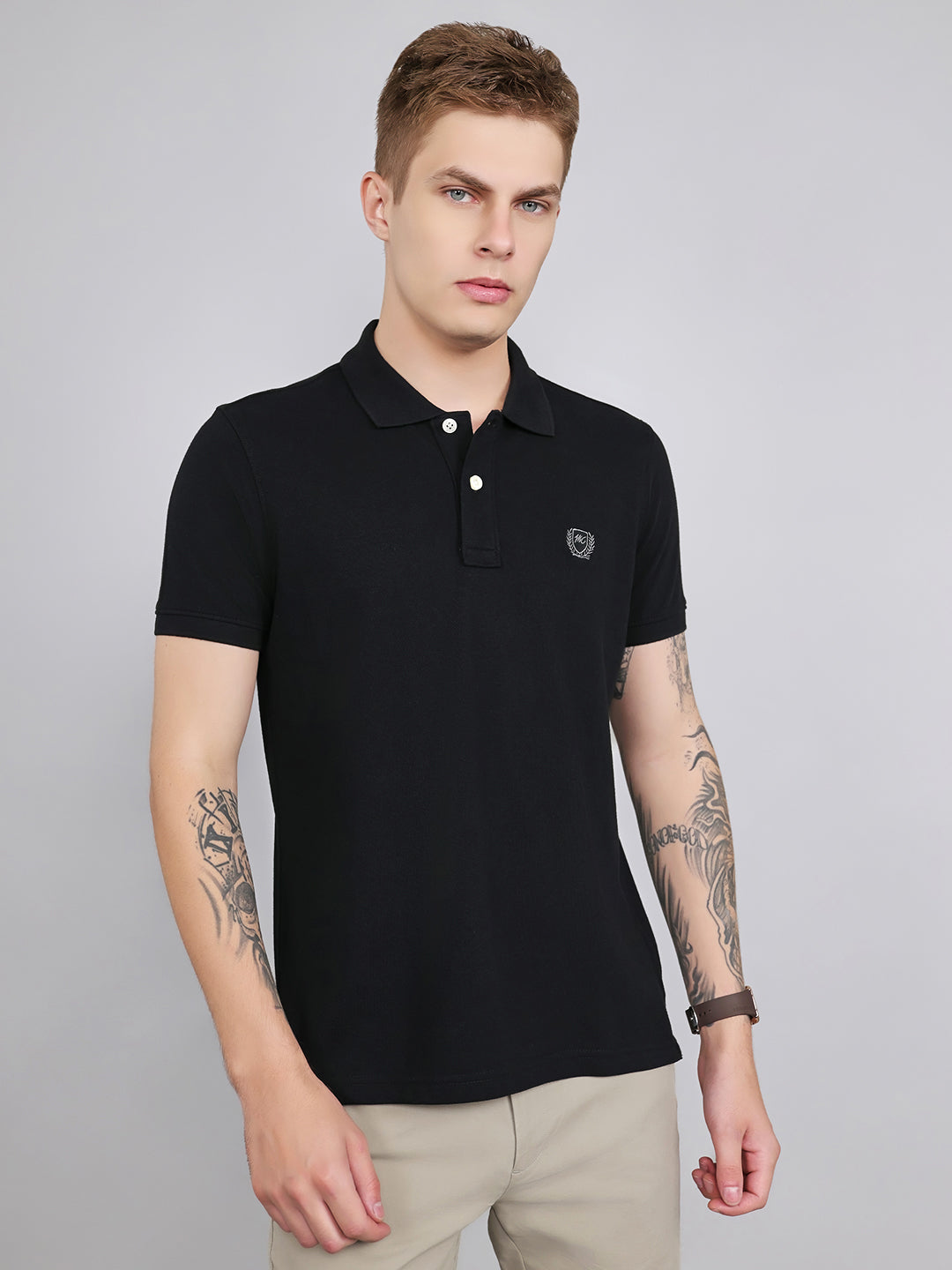Men Black Plain Collar Half Sleeve T-Shirt