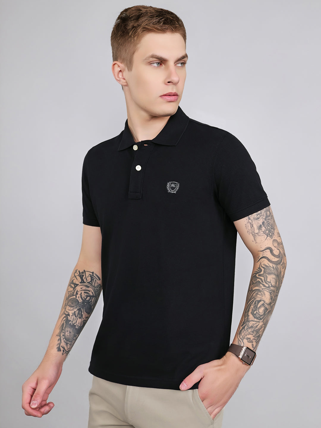 Men Black Plain Collar Half Sleeve T-Shirt