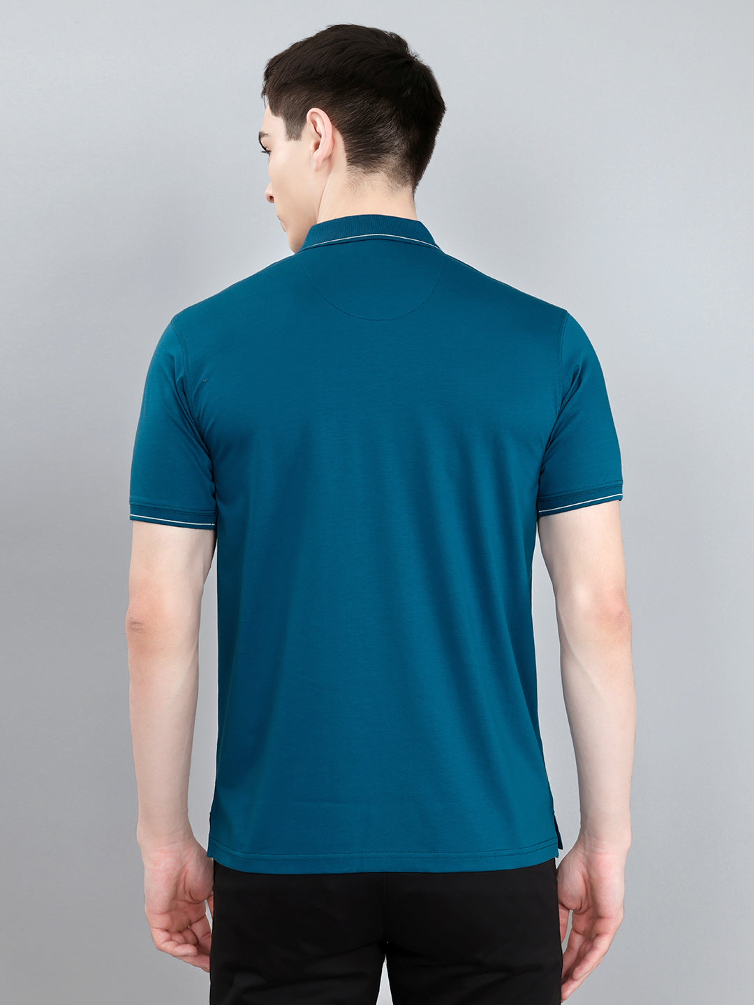 Men Teal Blue Solid Collar Half Sleeve T-Shirt