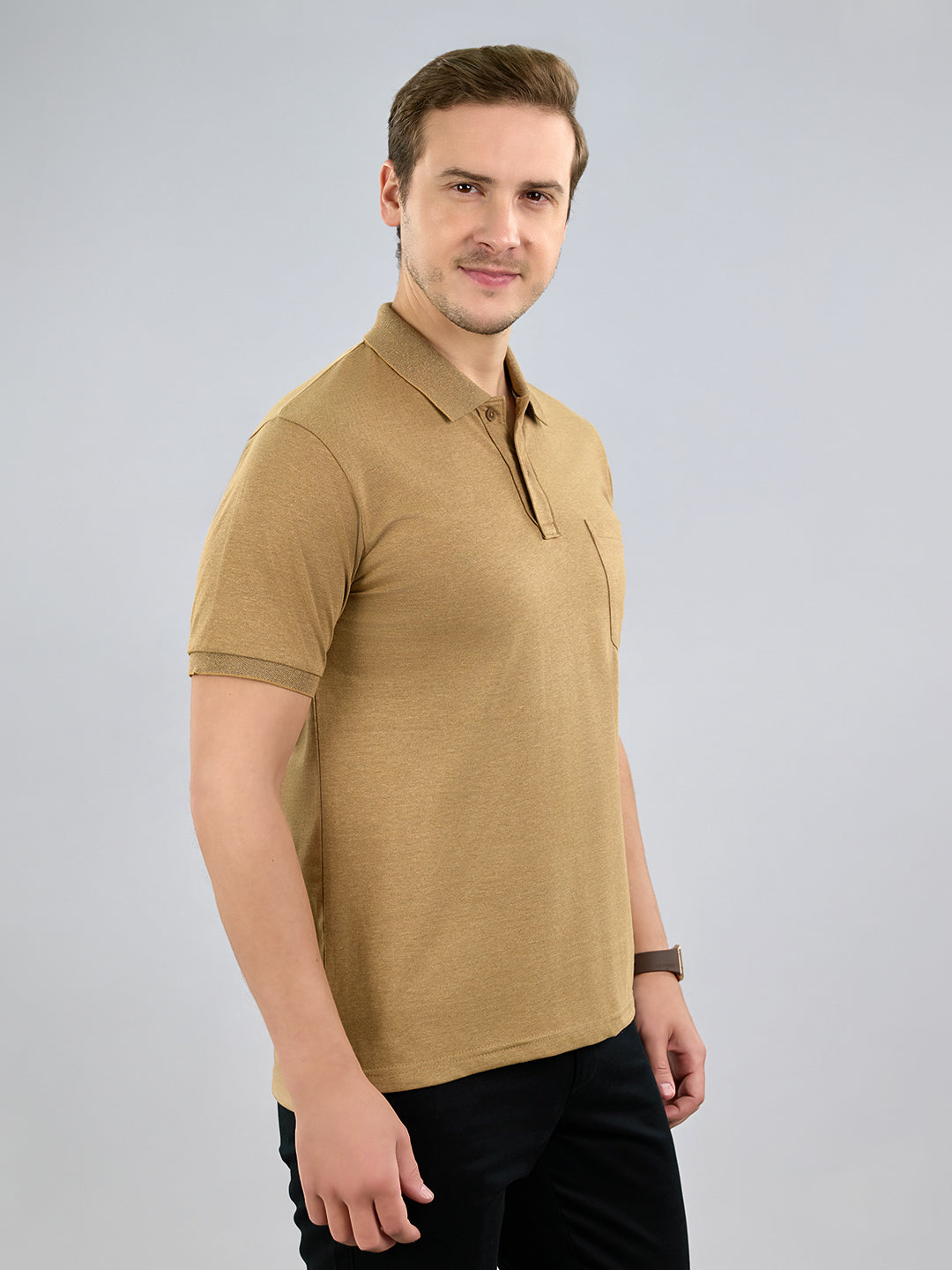 Men Camel Brown Solid Polo Collar Half Sleeve T-Shirt