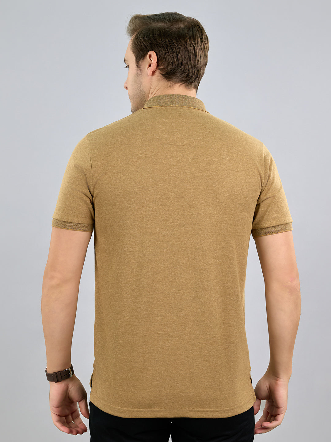 Men Camel Brown Solid Polo Collar Half Sleeve T-Shirt