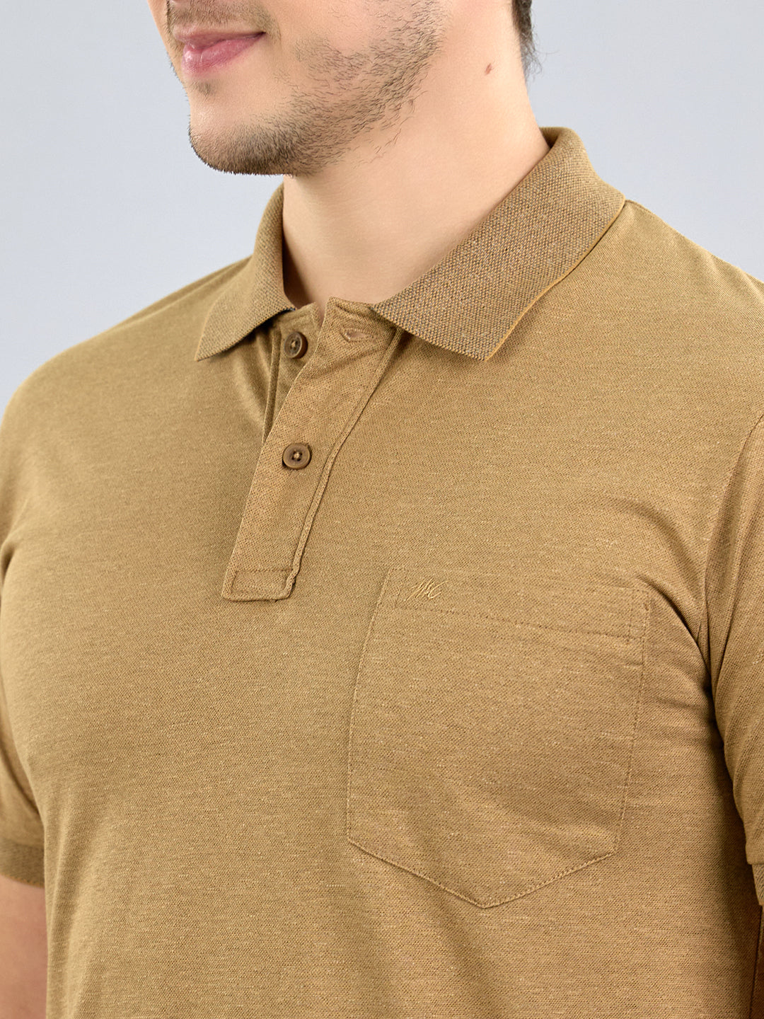 Men Camel Brown Solid Polo Collar Half Sleeve T-Shirt