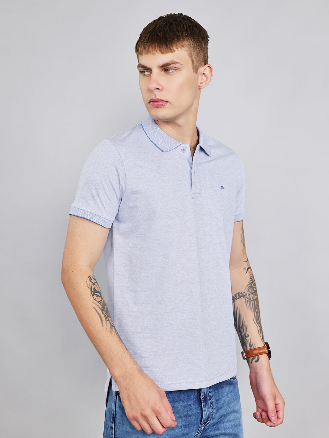 Men Sky Blue Plain Collar Half Sleeve T-Shirt