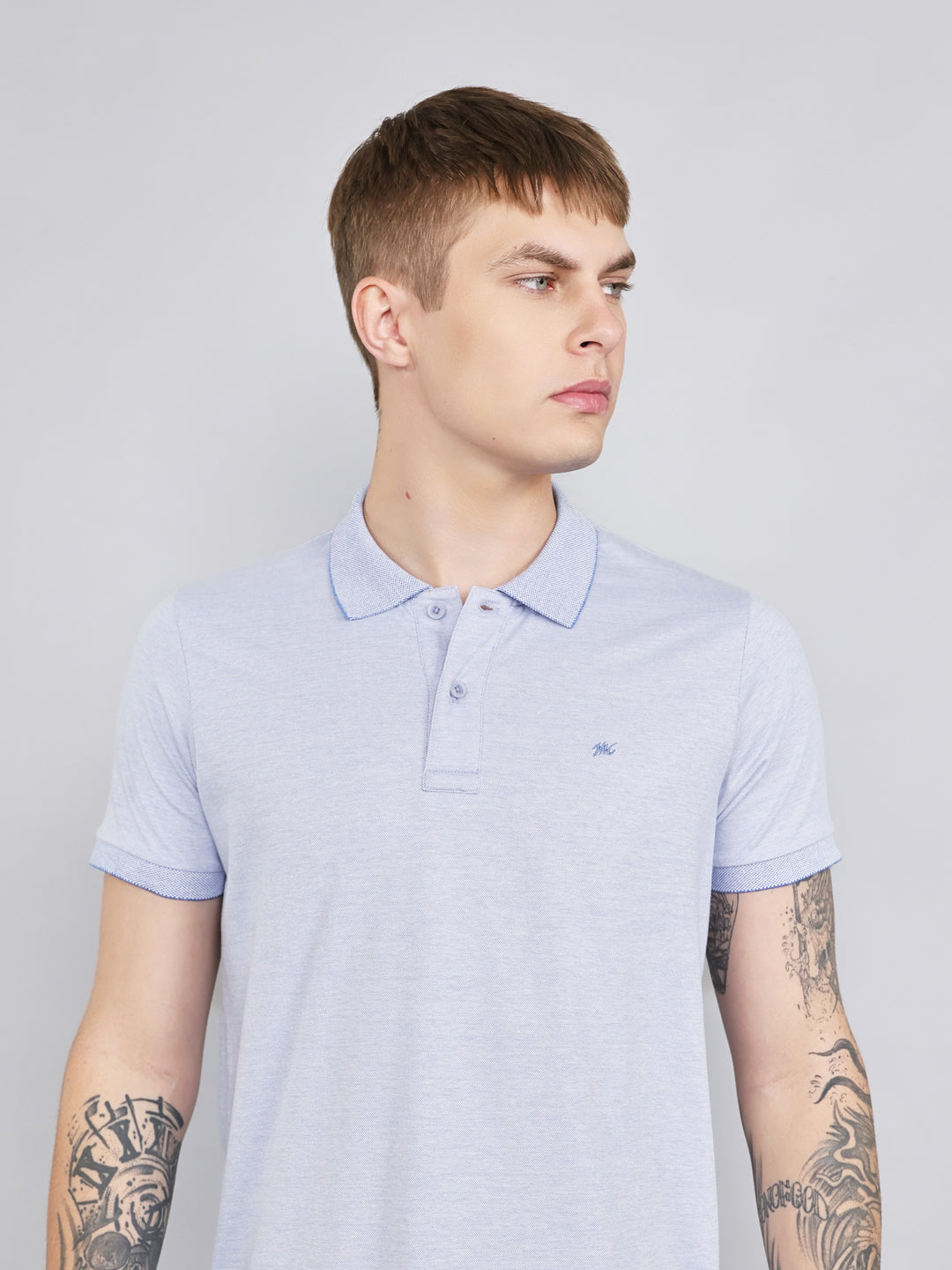 Men Sky Blue Plain Collar Half Sleeve T-Shirt