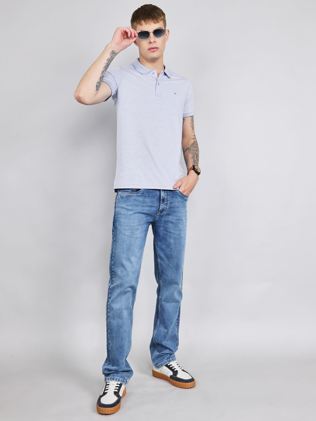 Men Sky Blue Plain Collar Half Sleeve T-Shirt