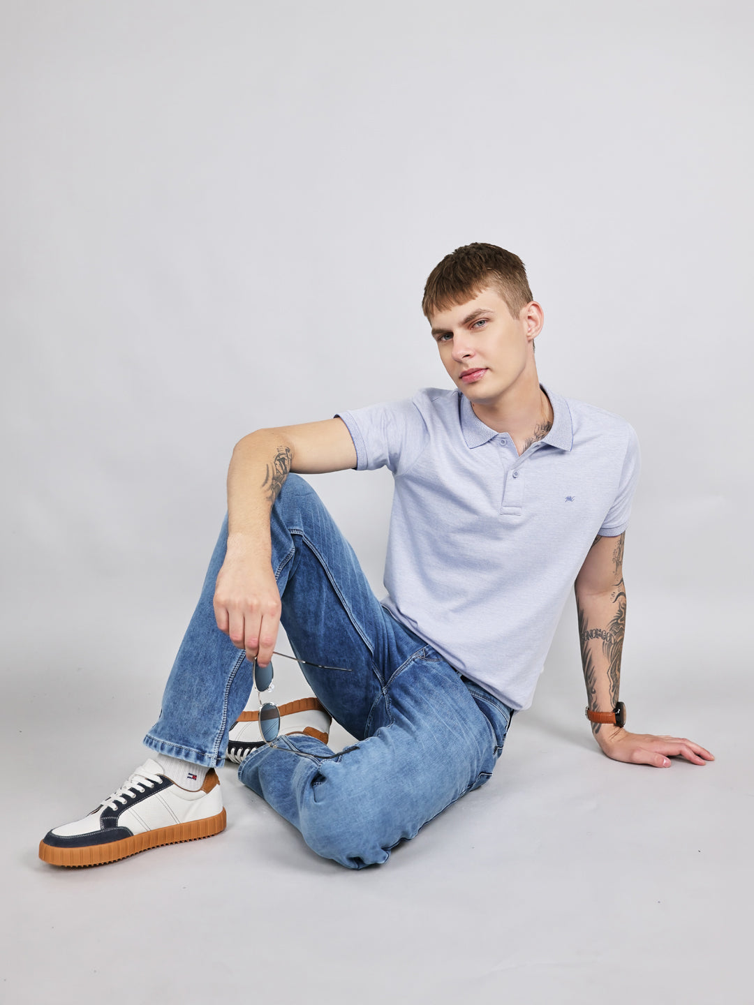 Men Sky Blue Plain Collar Half Sleeve T-Shirt