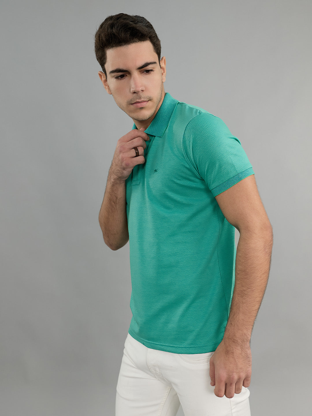 Men Sea Green Solid Collar Half Sleeve T-Shirt
