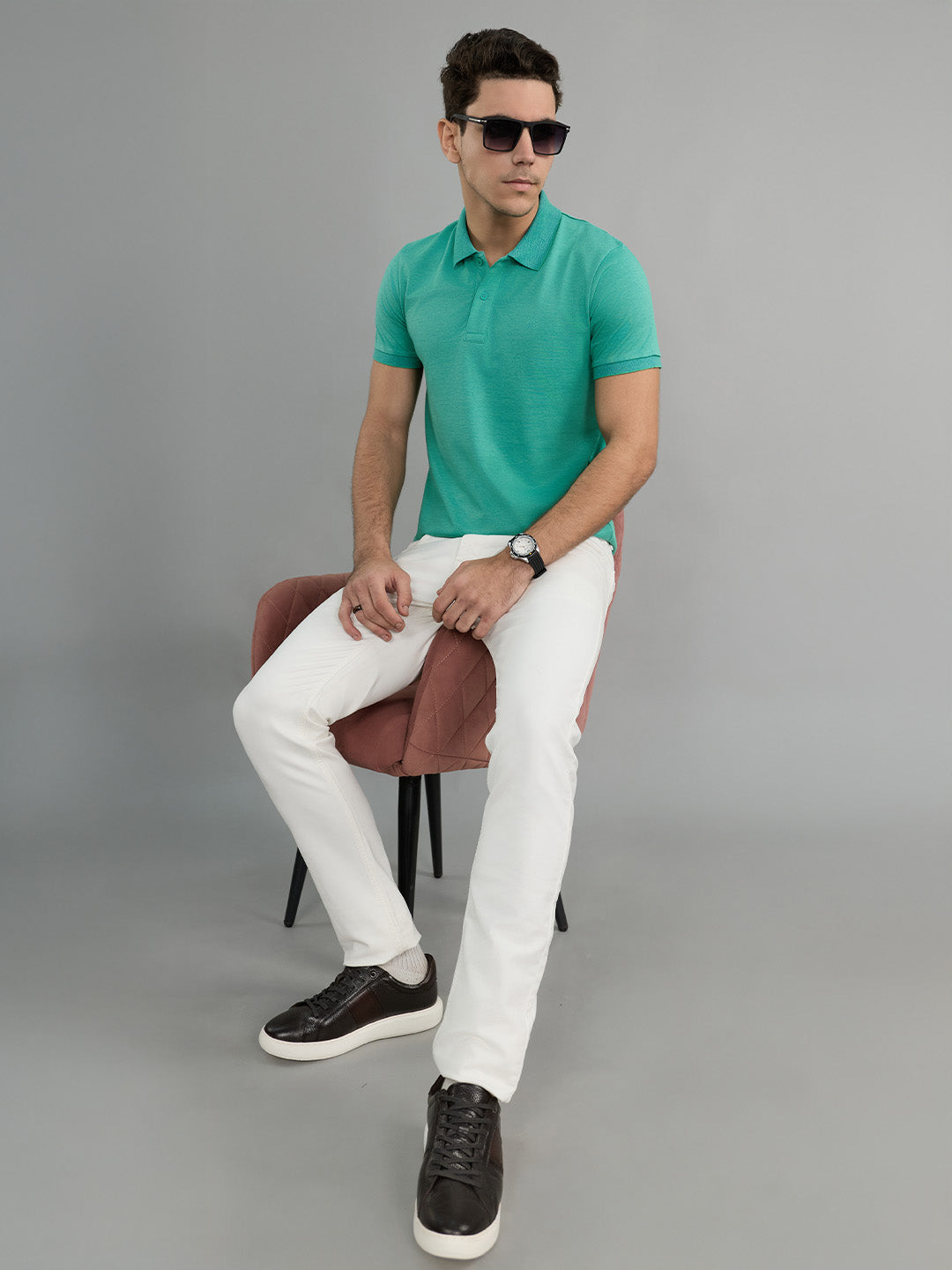 Men Sea Green Solid Collar Half Sleeve T-Shirt