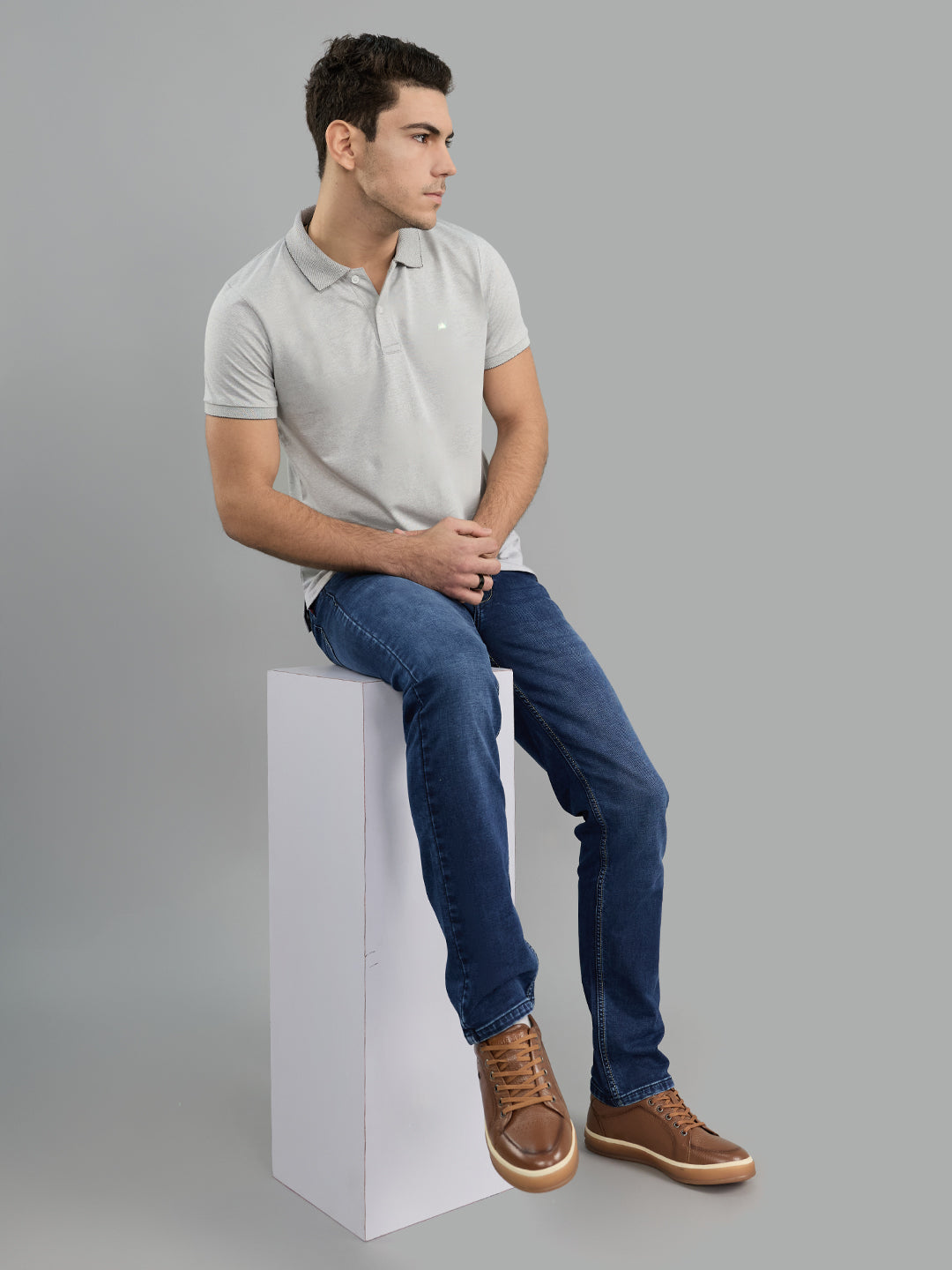 Men Grey Solid Collar Half Sleeve T-Shirt