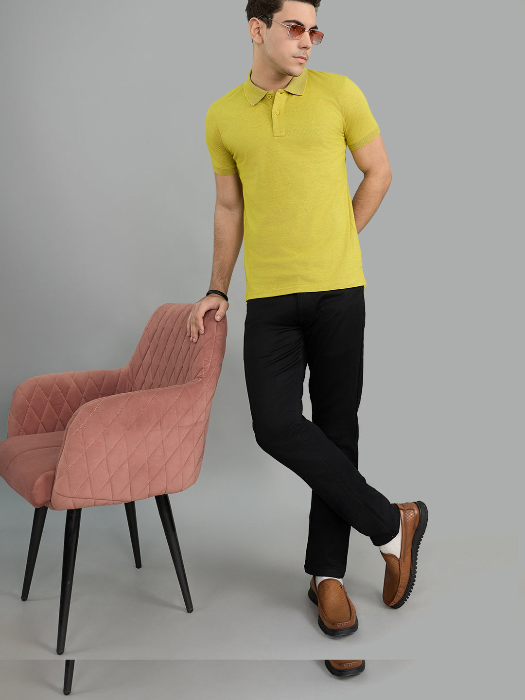 Men Yellow Solid Polo Collar Half Sleeve T-Shirt