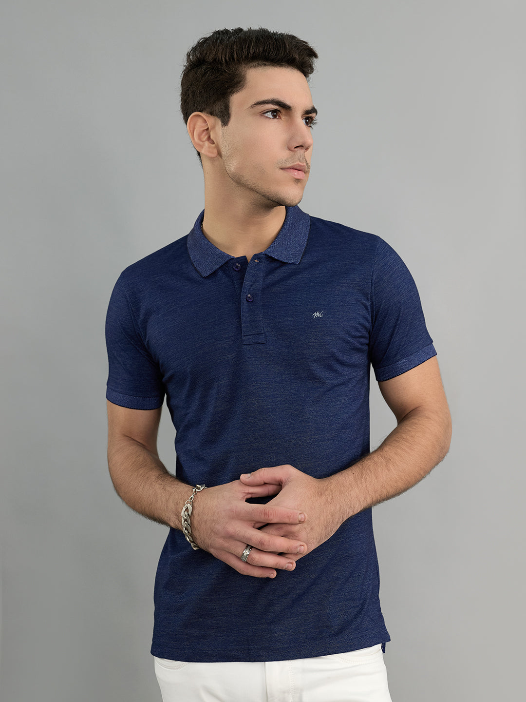 Men Navy Blue Solid Polo Collar Half Sleeve T-Shirt