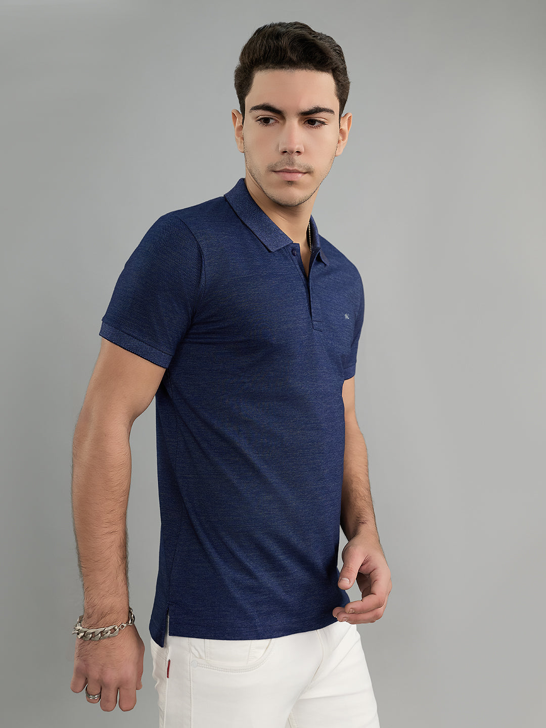 Men Navy Blue Solid Polo Collar Half Sleeve T-Shirt
