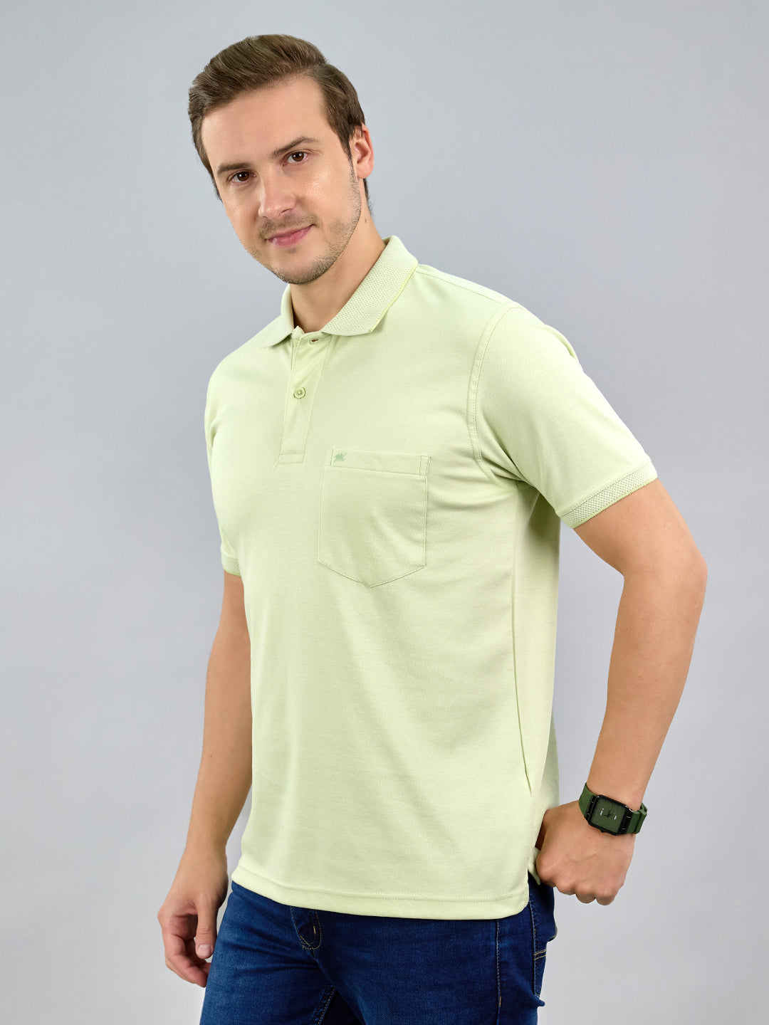 Men Lime Green Solid Polo Collar Half Sleeve T-Shirt