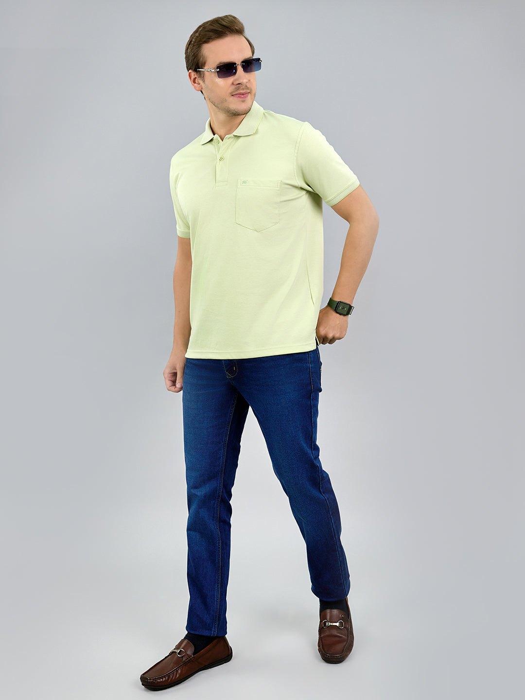 Men Lime Green Solid Polo Collar Half Sleeve T-Shirt