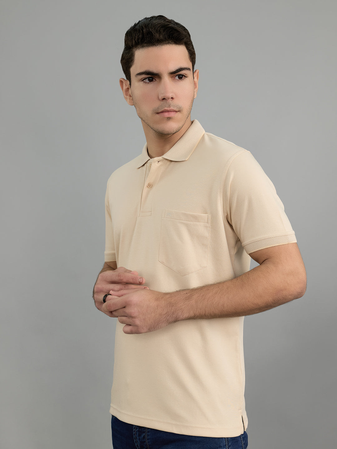 Men Camel Brown Solid Collar Half Sleeve T-Shirt