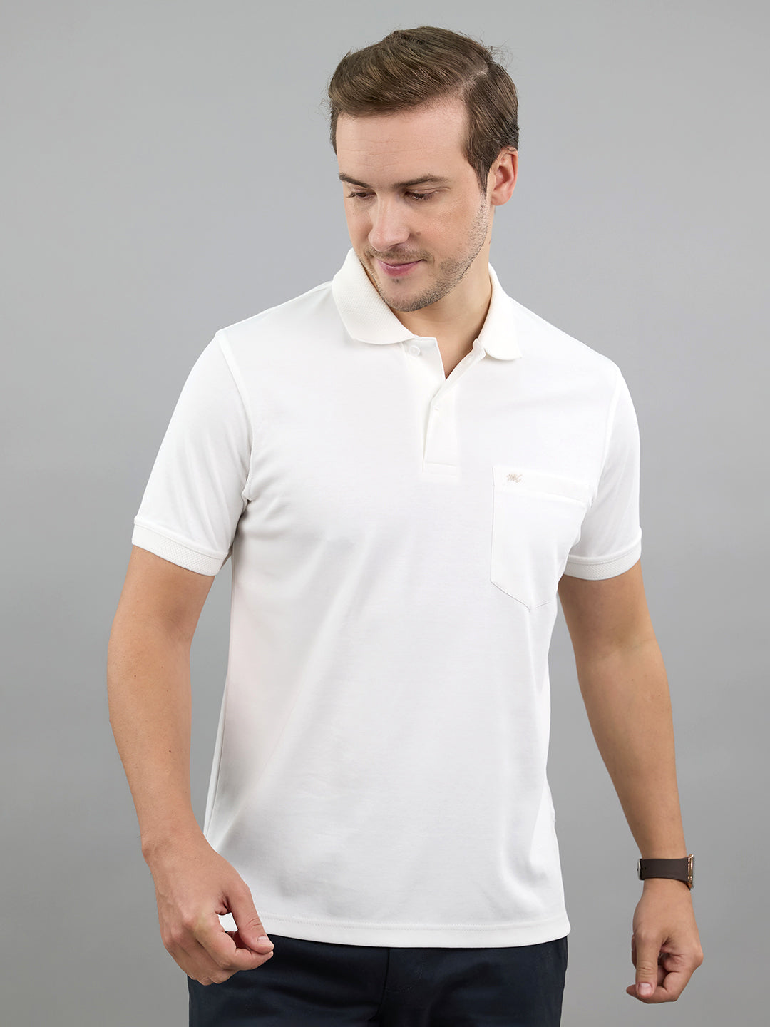 Men White Solid Polo Collar Half Sleeve T-Shirt