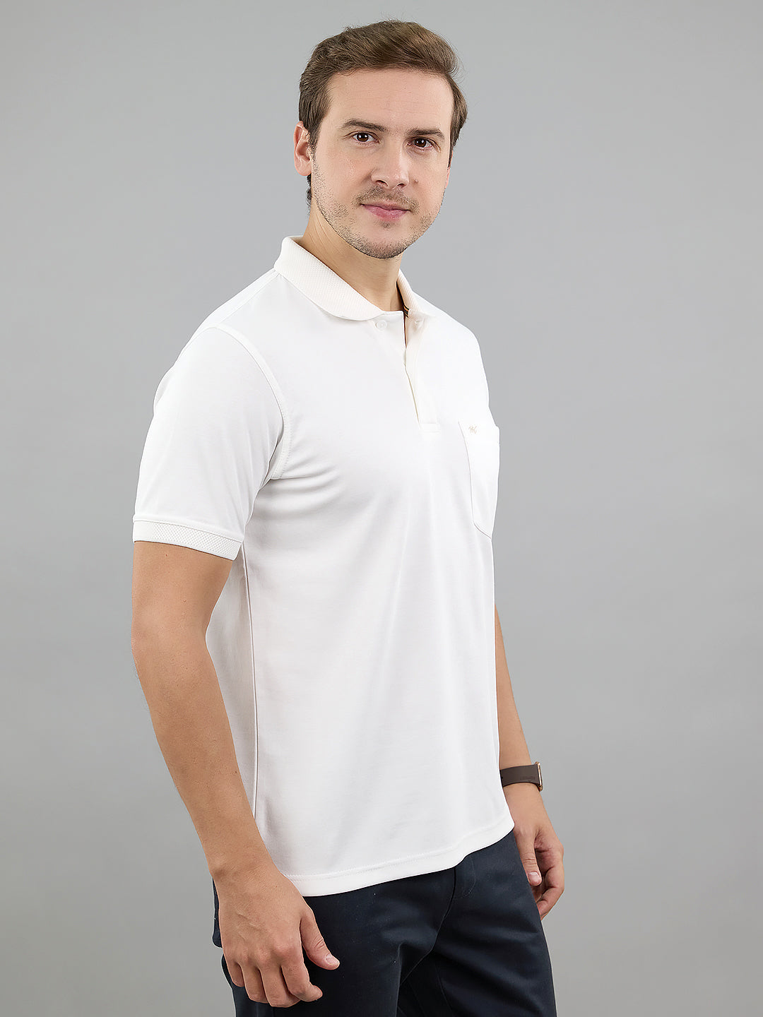 Men White Solid Polo Collar Half Sleeve T-Shirt