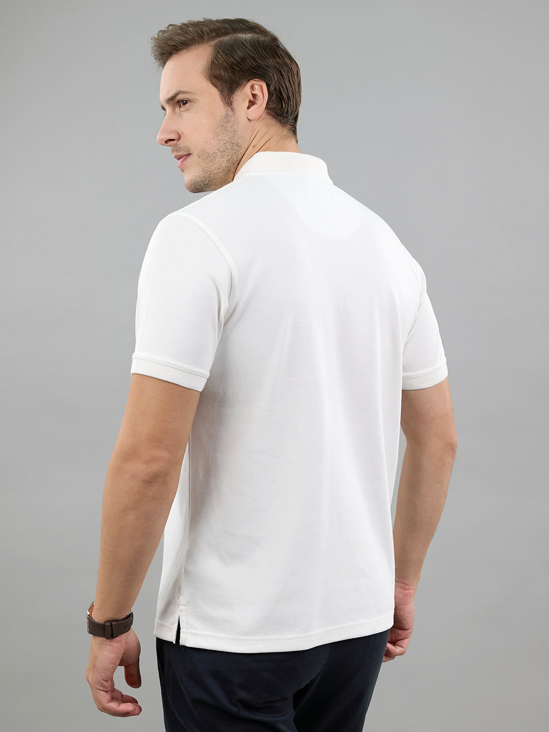Men White Solid Polo Collar Half Sleeve T-Shirt