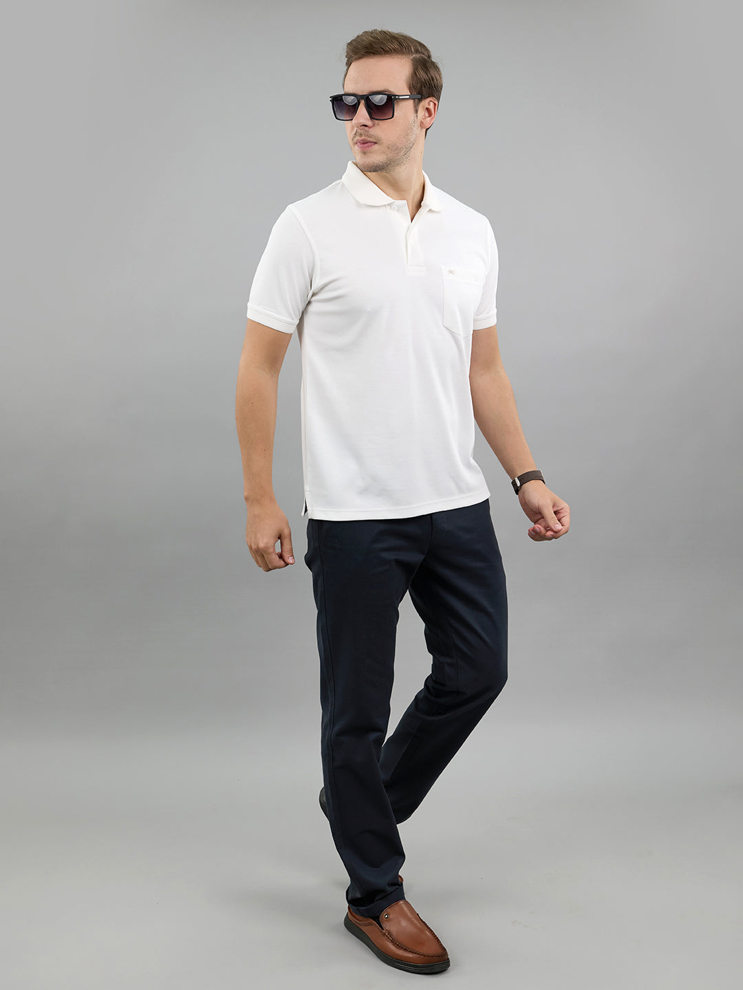 Men White Solid Polo Collar Half Sleeve T-Shirt