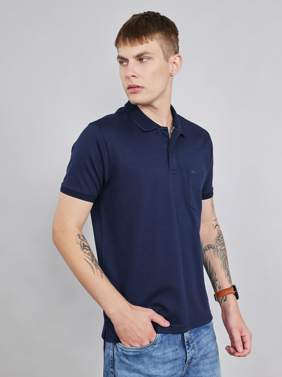 Men Navy Blue Plain Collar Half Sleeve T-Shirt
