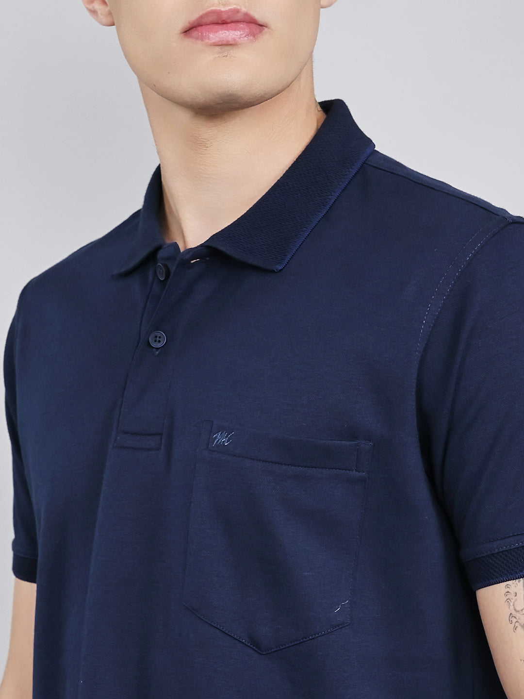 Men Navy Blue Plain Collar Half Sleeve T-Shirt