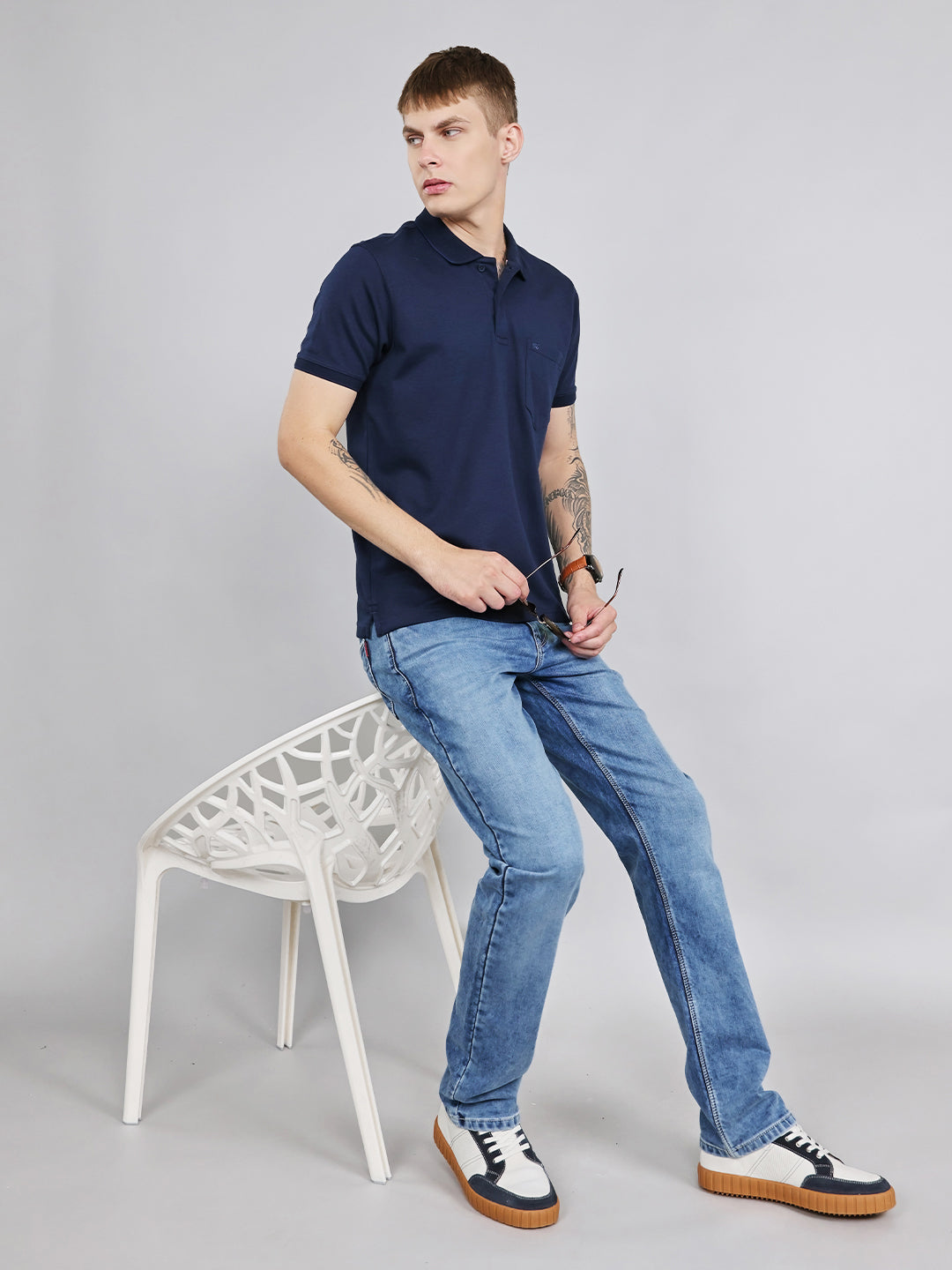 Men Navy Blue Plain Collar Half Sleeve T-Shirt