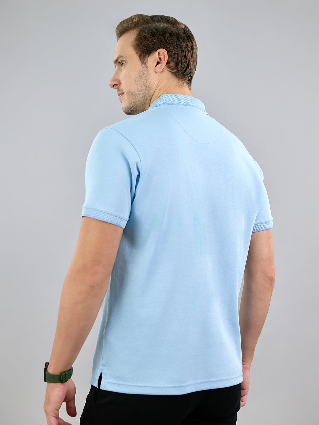 Men Sky Blue Solid Polo Collar Half Sleeve T-Shirt