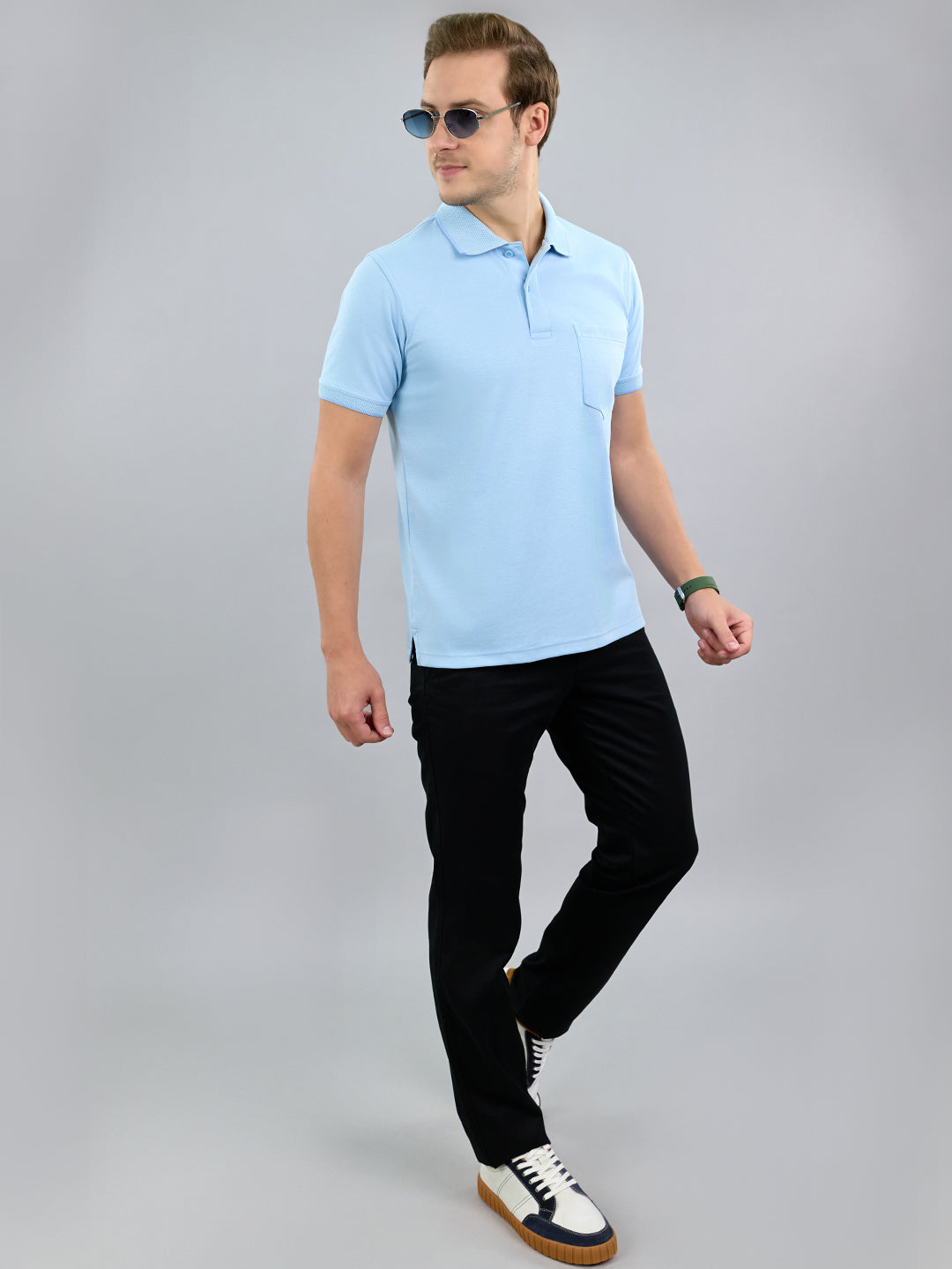 Men Sky Blue Solid Polo Collar Half Sleeve T-Shirt