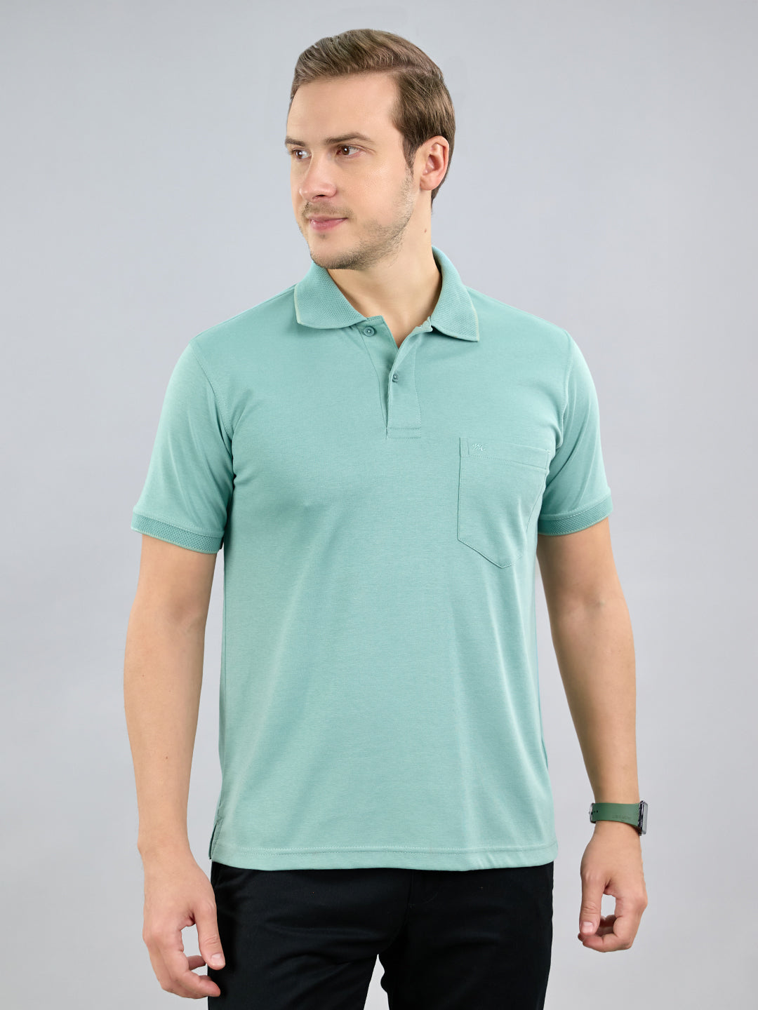 Men Sea Green Solid Polo Collar Half Sleeve T-Shirt