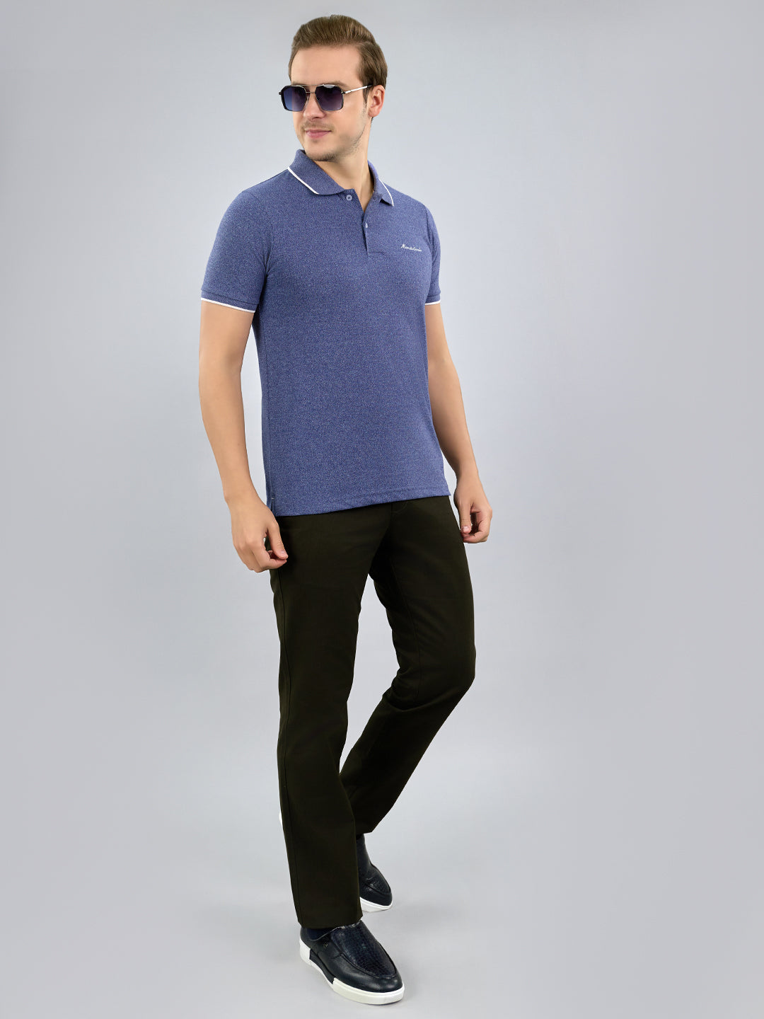 Men Blue Solid Polo Collar Half Sleeve T-Shirt