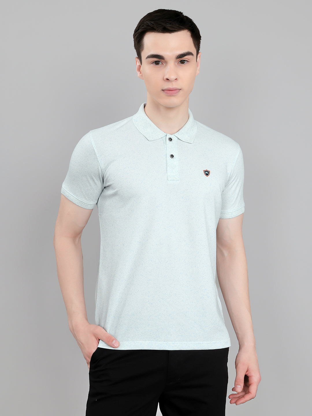 Men Sky Blue Melange Collar Half Sleeve T-Shirt