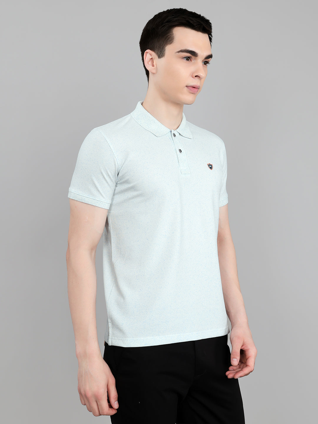 Men Sky Blue Melange Collar Half Sleeve T-Shirt