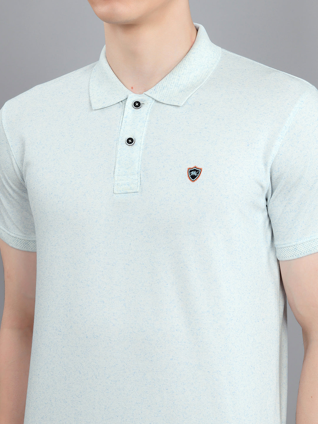 Men Sky Blue Melange Collar Half Sleeve T-Shirt