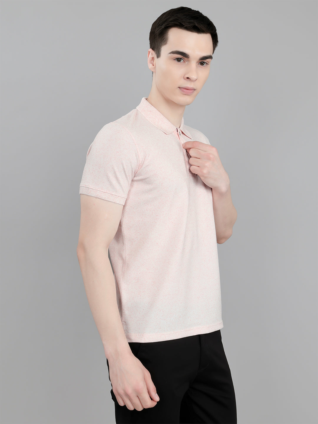 Men Pink Melange Collar Half Sleeve T-Shirt