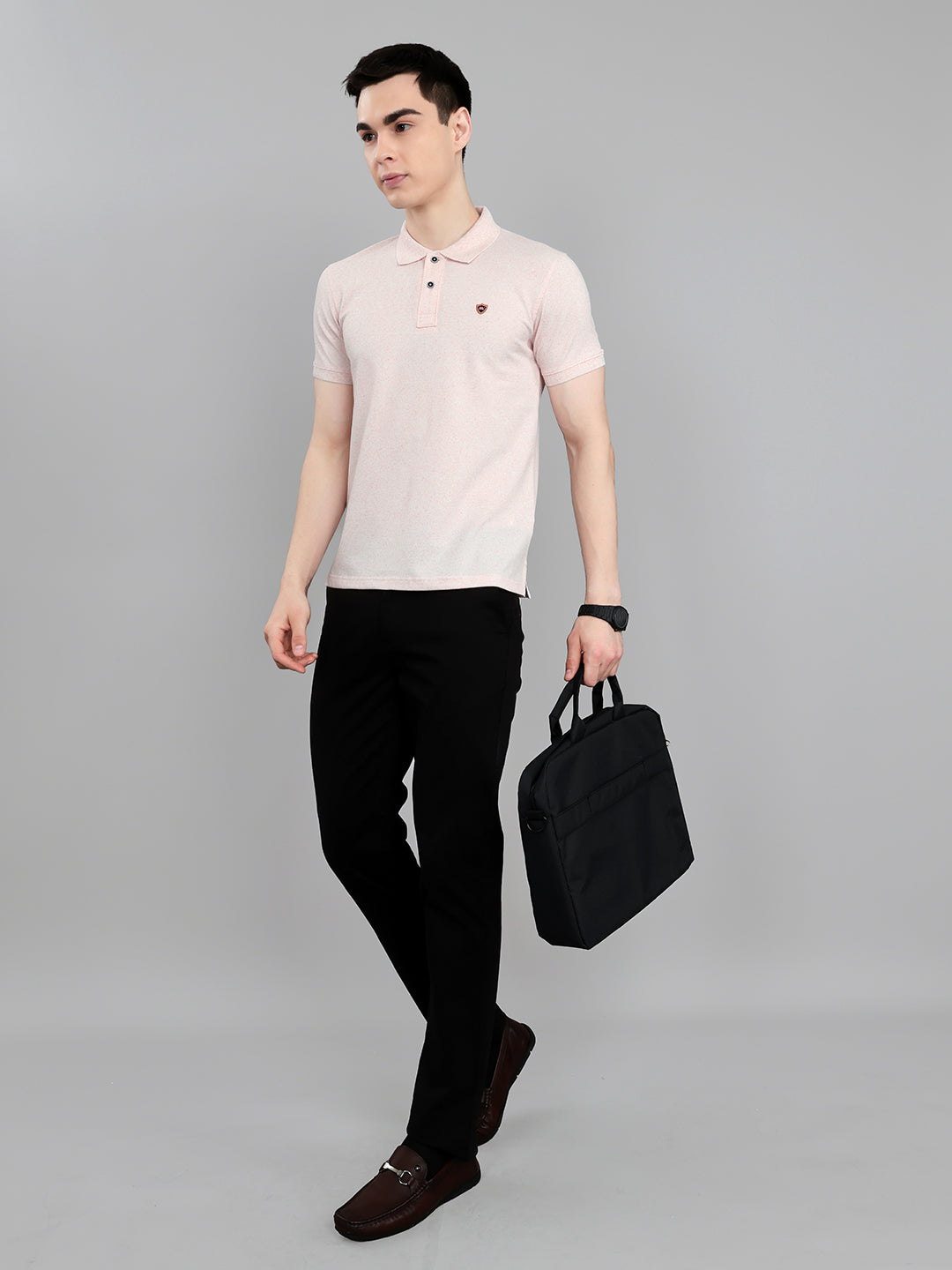 Men Pink Melange Collar Half Sleeve T-Shirt