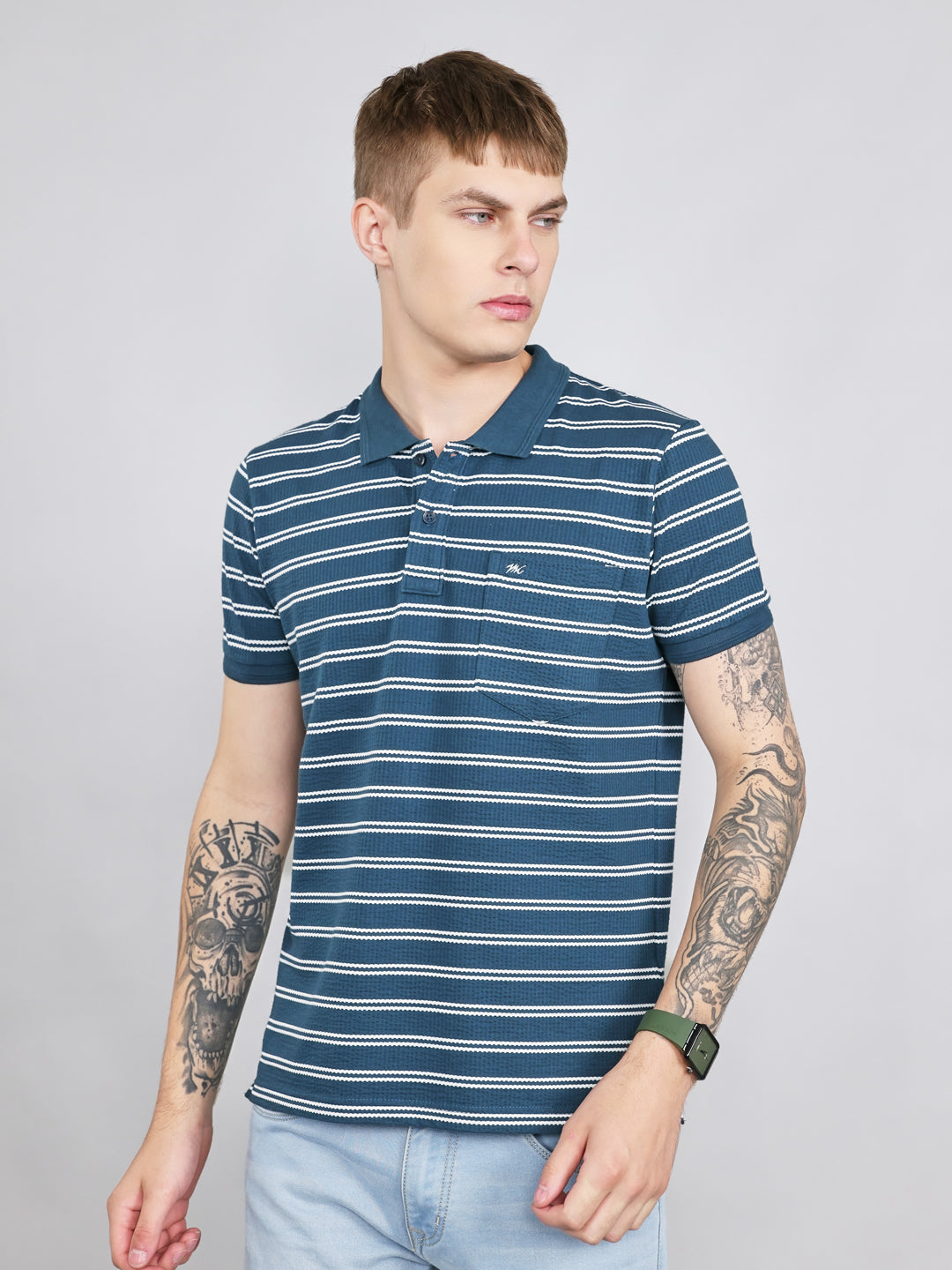Men Teal Blue Stripe Collar Half Sleeve T-Shirt